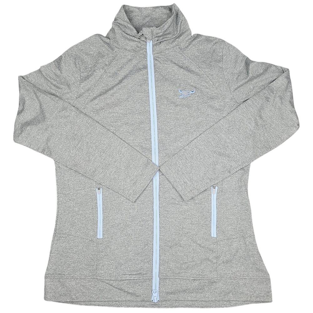 PETER MILLAR CROWN SPORT WOMEN’S PERFORMANCE FULL‑ZIP – SIZE L – GREY / BLUE ZIP